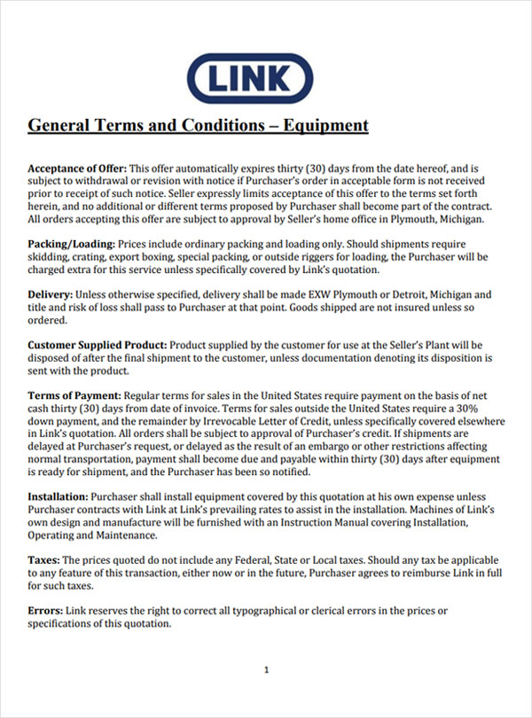 General Terms and Conditions for Equipment